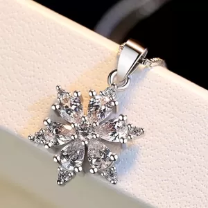 Sterling Silver Clear Solid Diamante Snowflake Necklace